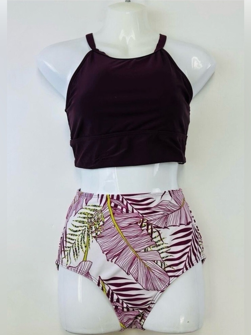 Bikini high waisted Small Print bottom Solid Plum top Summer Resort NEW